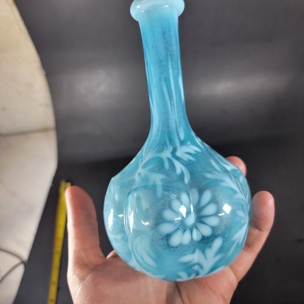 Antique Blue Glass Fenton? spanish lace opalescent daisy & fern barber bottle - Picture 3 of 8